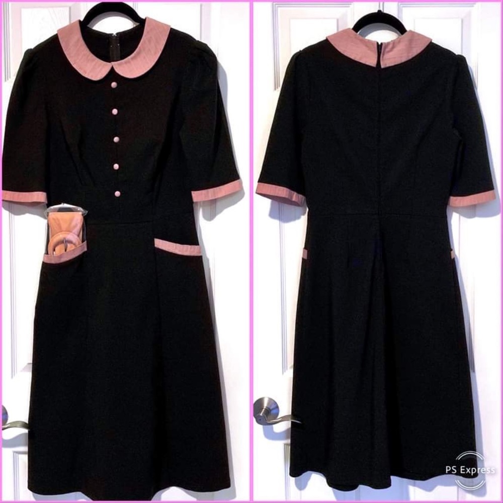 Stop Staring Retro Career Dress Black and Pink with Peter Pan Collar Large EUC